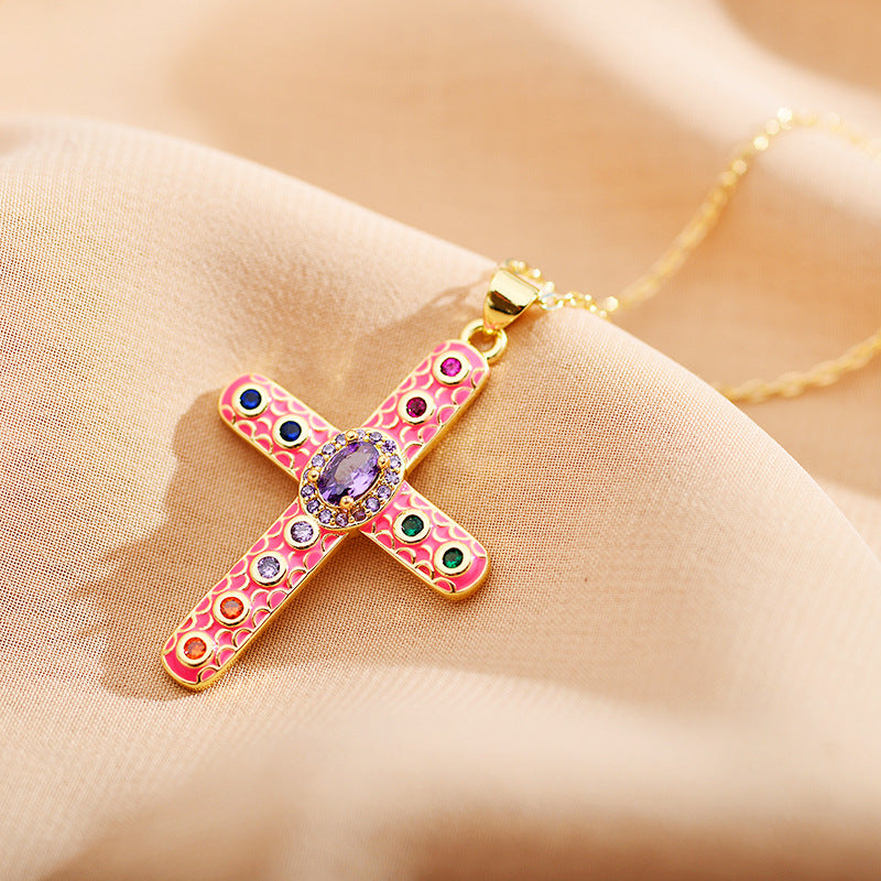 Roman Style Cross Steel Enamel Plating Inlay Zircon Pendant Necklace