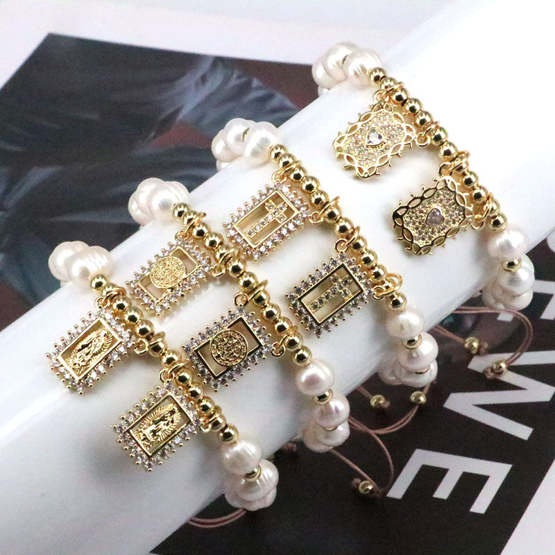 Fashion Portrait Faith Cross Copper Gold Plated Zircon Bracelets In Bulk