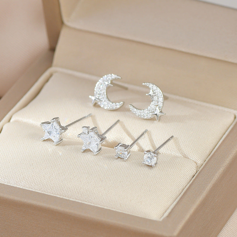 1 Set Fashion Star Moon Copper Inlay Zircon Ear Studs