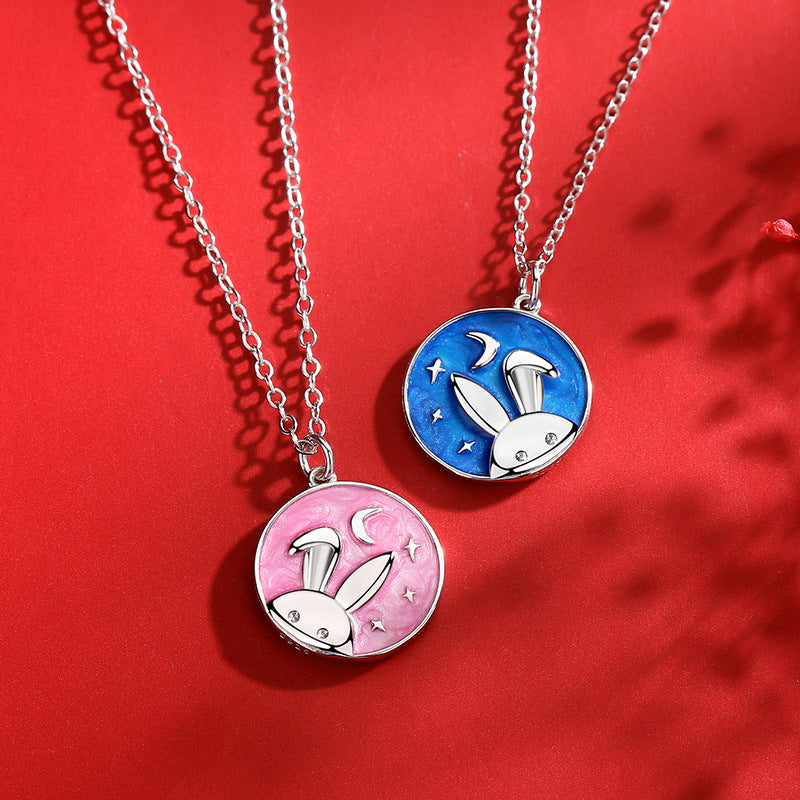 Cute Fashion Rabbit Star Moon Sterling Silver Epoxy Necklace