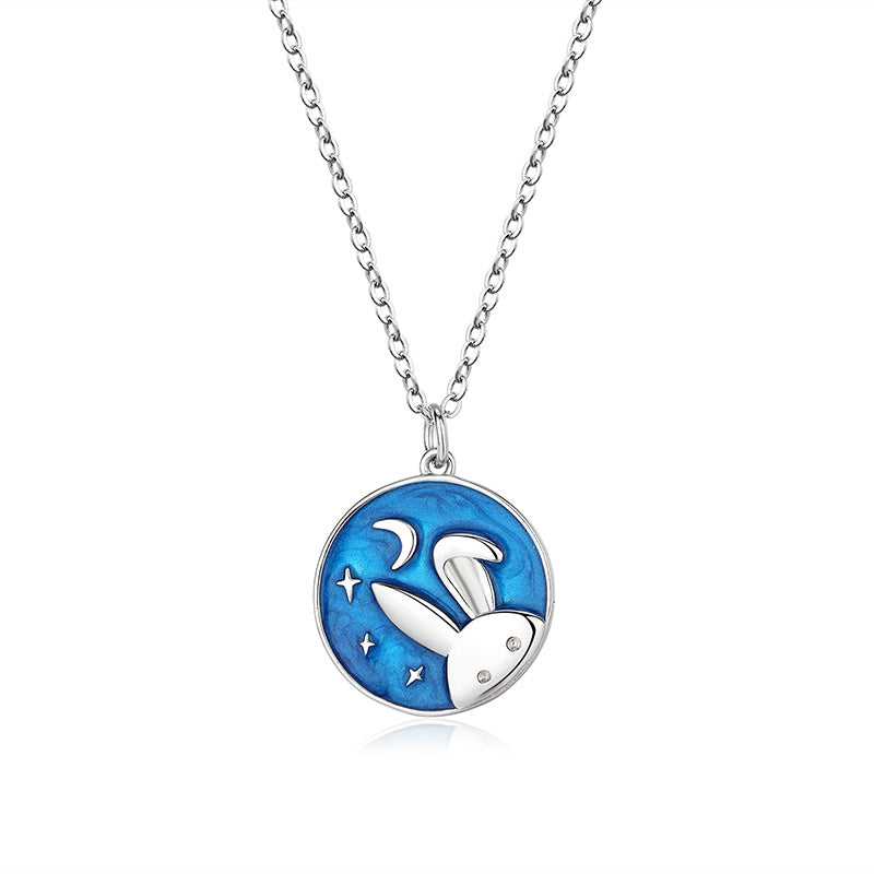 Cute Fashion Rabbit Star Moon Sterling Silver Epoxy Necklace