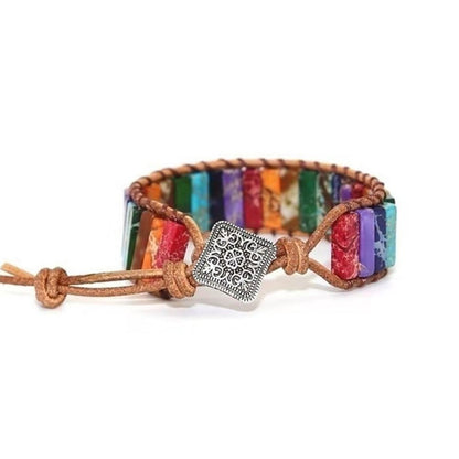 Retro Ethnic Style Geometric Color Block Pu Leather Natural Stone Beaded Braid Natural Stone Bracelets