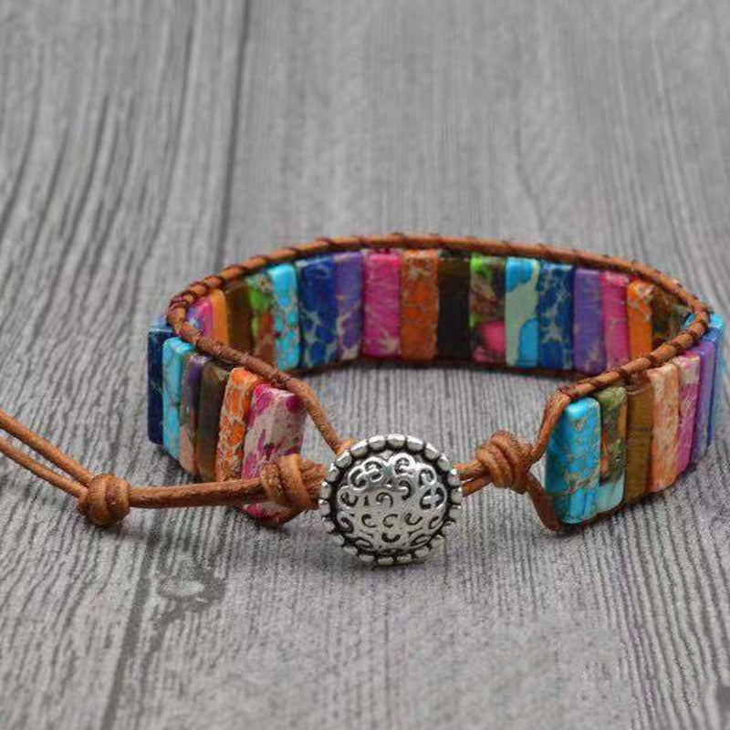 Retro Ethnic Style Geometric Color Block Pu Leather Natural Stone Beaded Braid Natural Stone Bracelets