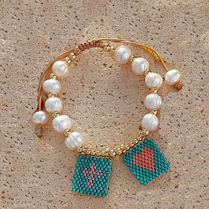 Casual Cross Peach Freshwater Pearl Glass Beaded Braid Bracelets