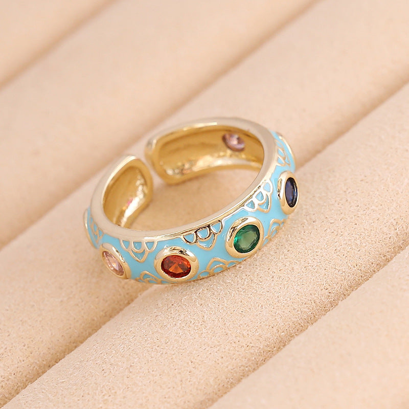 1 Piece Retro Round Copper Enamel Inlay Zircon Open Ring