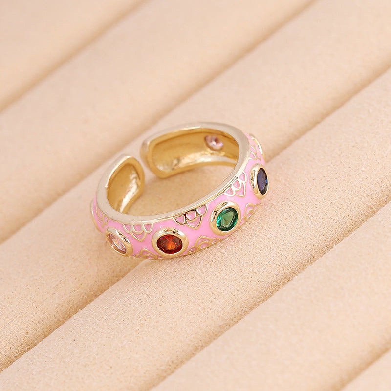 1 Piece Retro Round Copper Enamel Inlay Zircon Open Ring