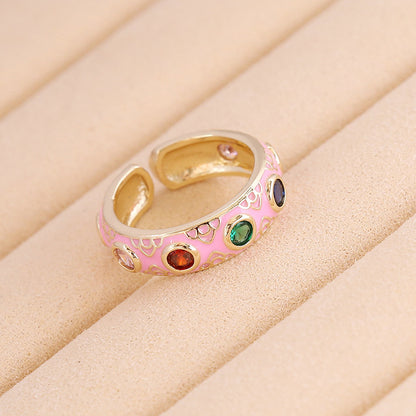 1 Piece Retro Round Copper Enamel Inlay Zircon Open Ring