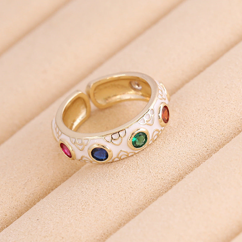 1 Piece Retro Round Copper Enamel Inlay Zircon Open Ring