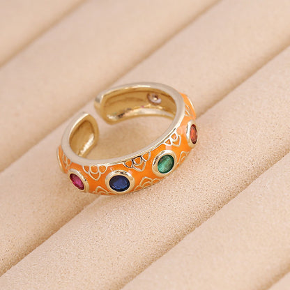 1 Piece Retro Round Copper Enamel Inlay Zircon Open Ring