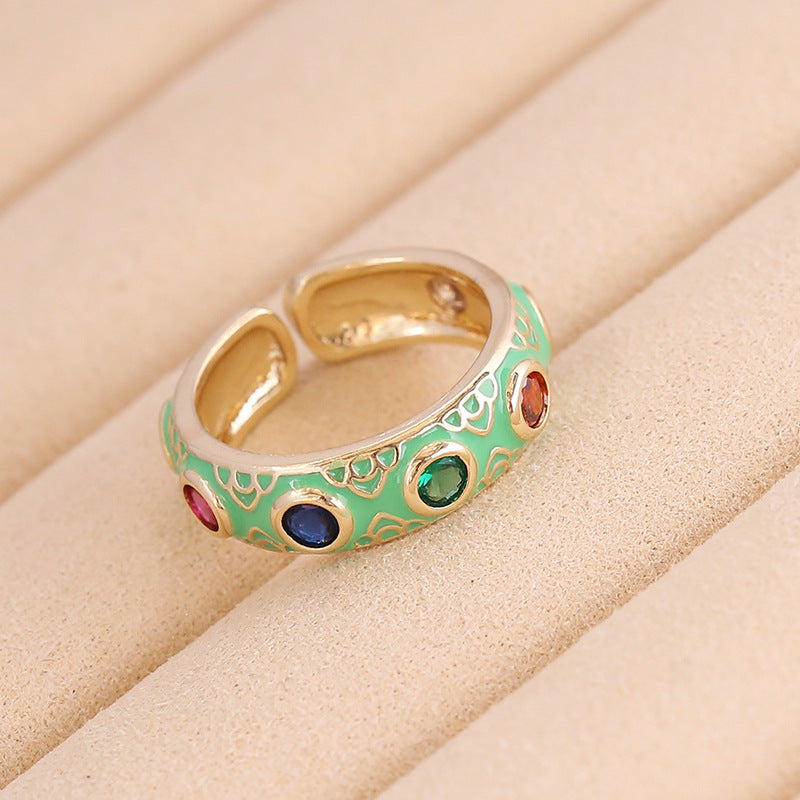 1 Piece Retro Round Copper Enamel Inlay Zircon Open Ring