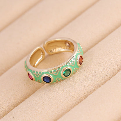 1 Piece Retro Round Copper Enamel Inlay Zircon Open Ring