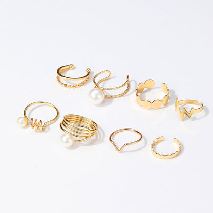 8 Pieces Fashion Round Lightning Alloy Inlay Pearl 18k Gold Plated Women's Rings