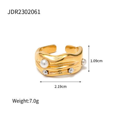 Ins Style C Shape Irregular Stainless Steel Plating Inlay Artificial Pearls Artificial Diamond 18k Gold Plated Open Ring