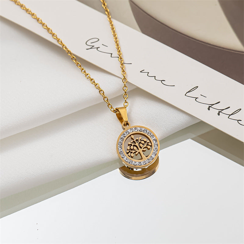 1 Piece Fashion Circle Tree Heart Shape Titanium Steel Plating Hollow Out Inlay Rhinestones Pendant Necklace