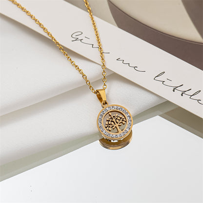 1 Piece Fashion Circle Tree Heart Shape Titanium Steel Plating Hollow Out Inlay Rhinestones Pendant Necklace