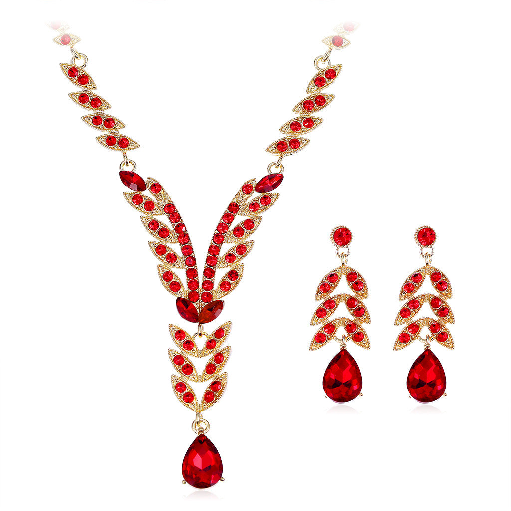 1 Set Elegant Leaf Water Droplets Alloy Glass Inlay Rhinestones Women's Earrings Necklace