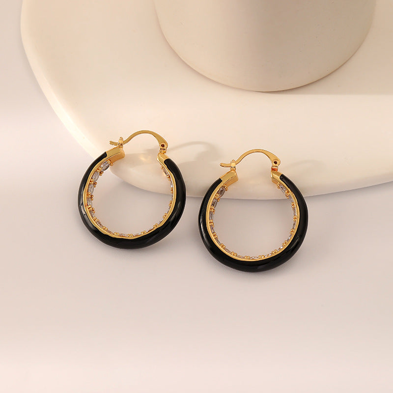 1 Pair Casual Simple Style Circle Copper Brass Enamel Plating Inlay Zircon 18k Gold Plated Hoop Earrings