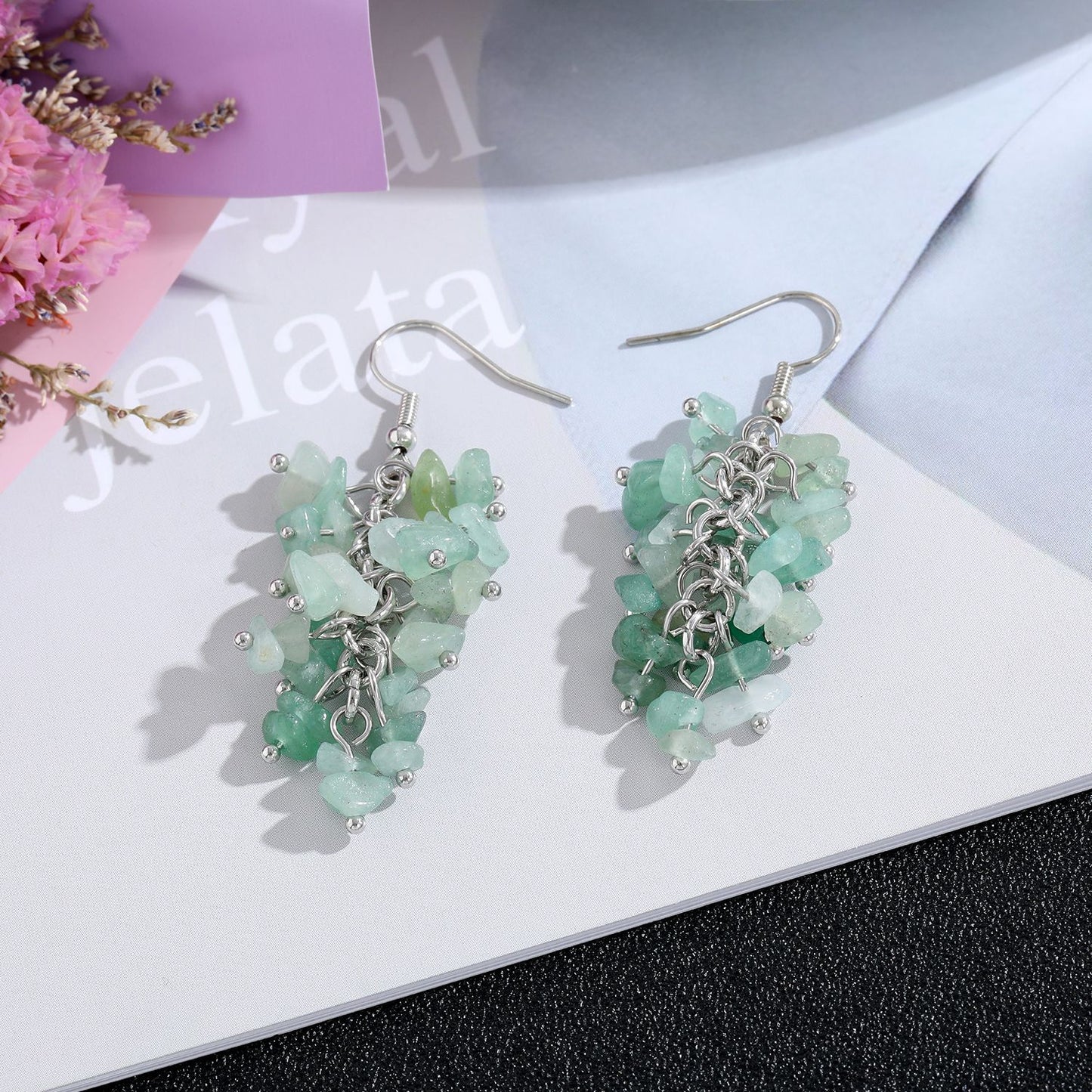 1 Pair Retro Printing Natural Stone Crystal Drop Earrings