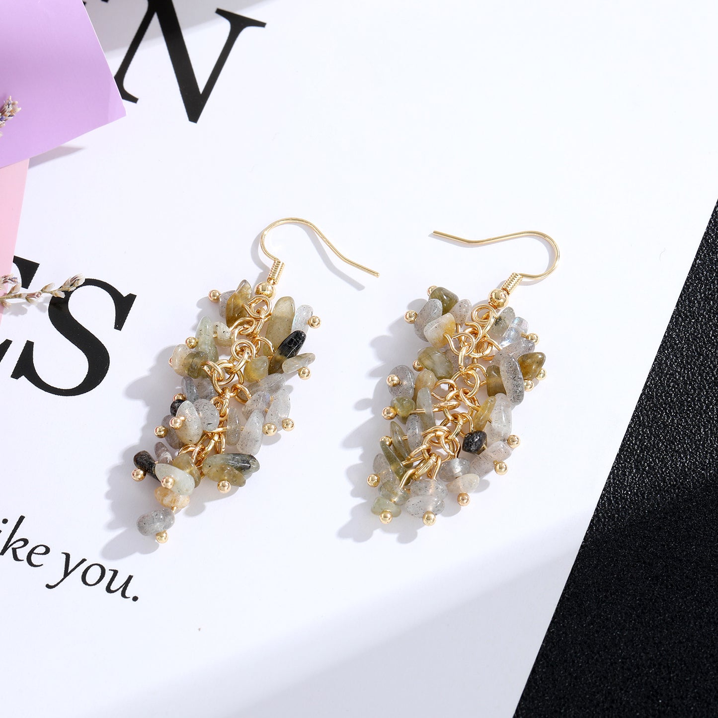 1 Pair Retro Printing Natural Stone Crystal Drop Earrings