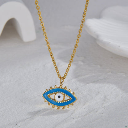 Fashion Devil's Eye Stainless Steel Enamel Plating Inlay Zircon 14k Gold Plated Pendant Necklace