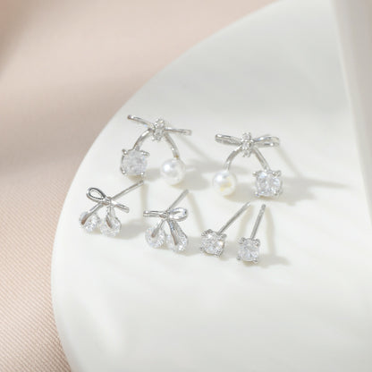 1 Set Sweet Geometric Bow Knot Copper Inlay Pearl Zircon Ear Studs