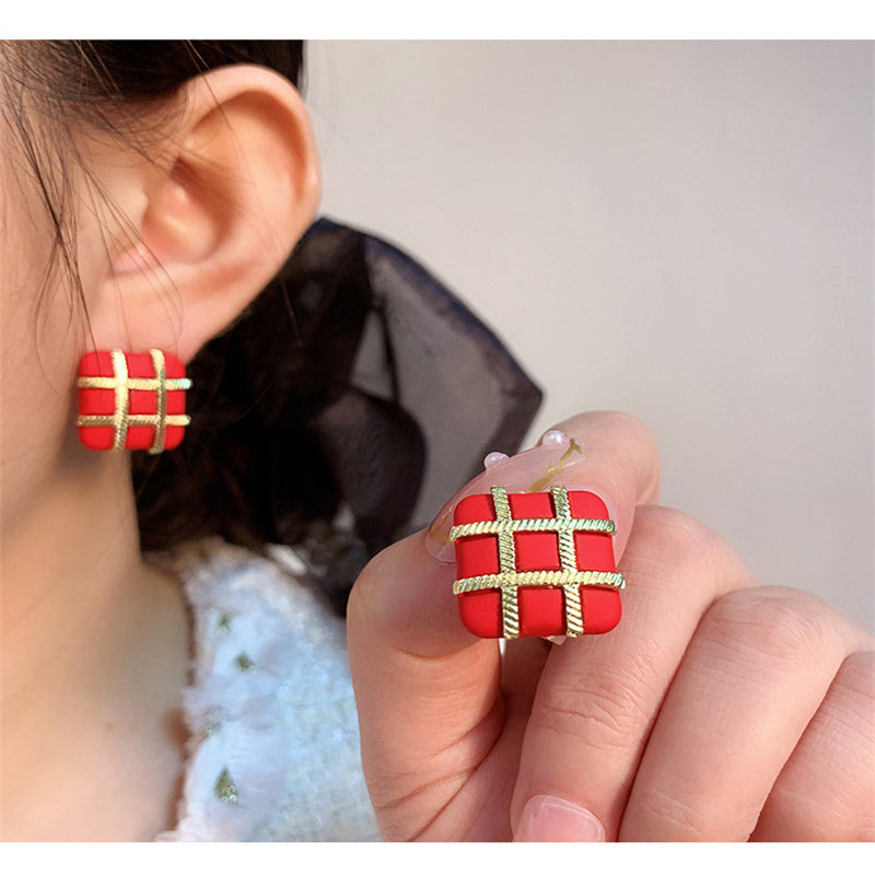 1 Pair Fashion Square Lattice Alloy Women's Ear Studs