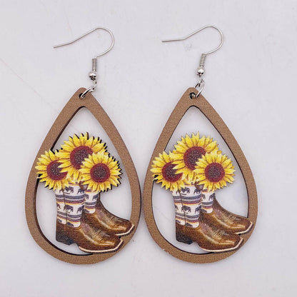 1 Pair Retro Sunflower Water Droplets Horns Wood Irregular Women's Drop Earrings