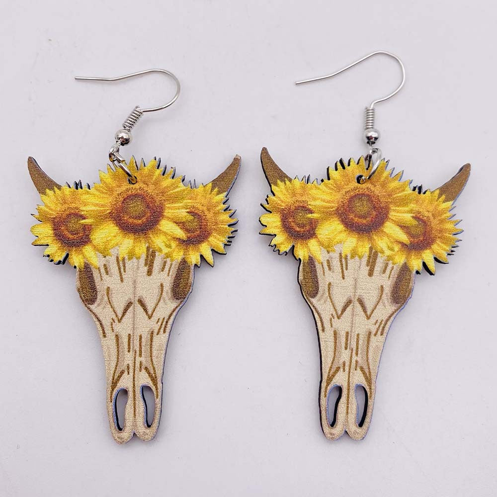 1 Pair Retro Sunflower Water Droplets Horns Wood Irregular Women's Drop Earrings