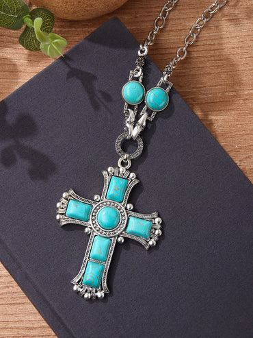 Retro Cross Alloy Hollow Out Inlay Turquoise Unisex Sweater Chain