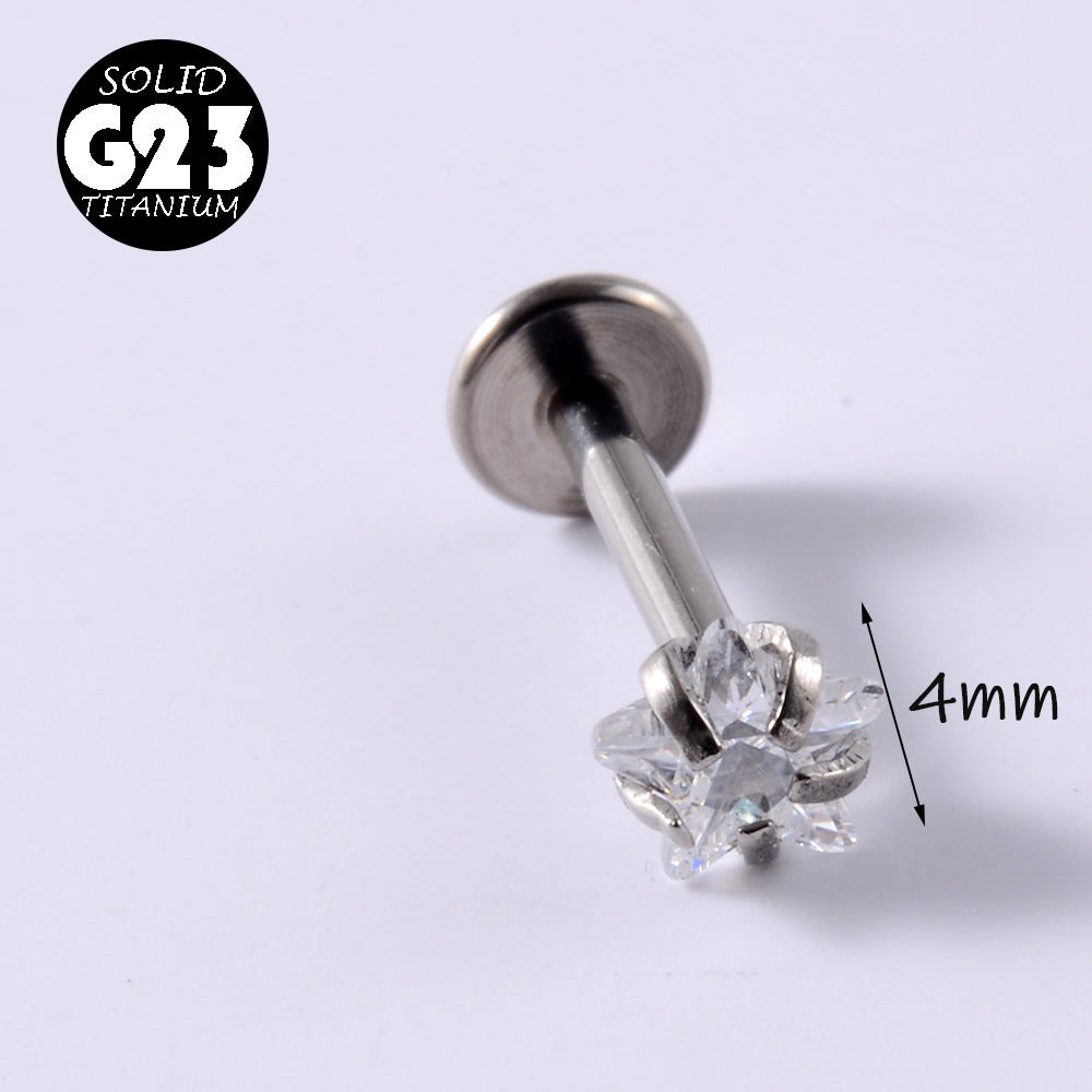 1 Piece Simple Style Flower Titanium Steel Plating Inlay Zircon Lip Stud Ear Studs