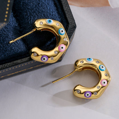 1 Pair Fashion C Shape Devil's Eye Enamel Inlay Copper Zircon 18k Gold Plated Ear Studs