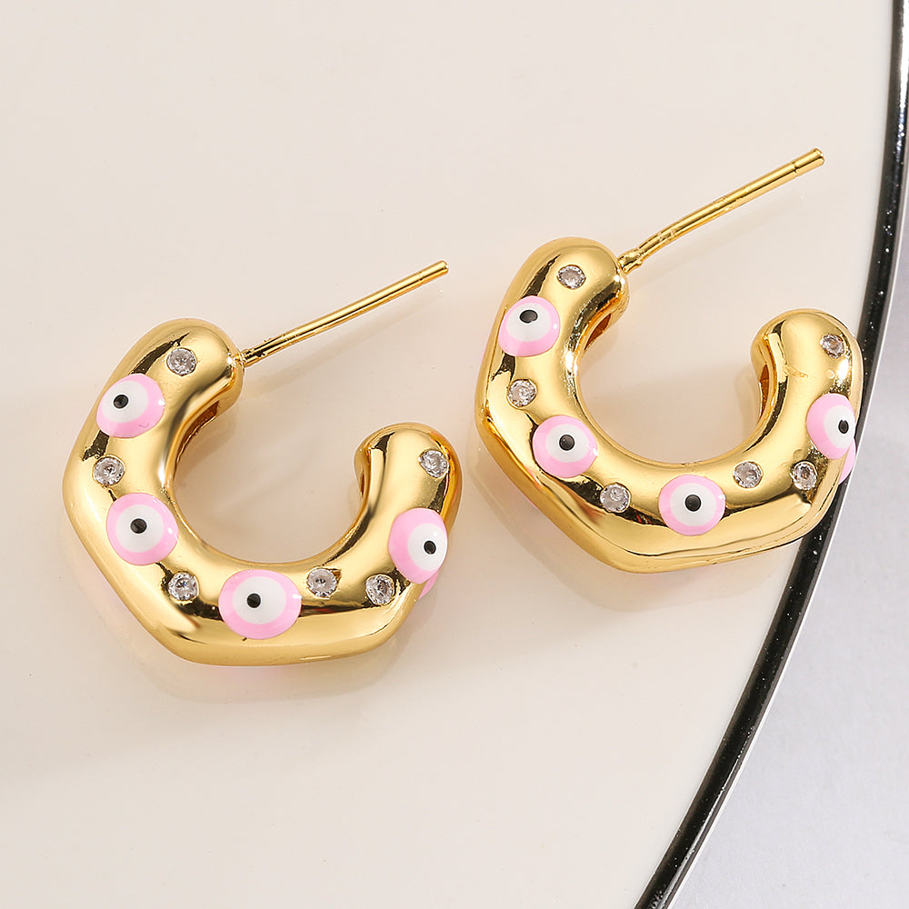 1 Pair Fashion C Shape Devil's Eye Enamel Inlay Copper Zircon 18k Gold Plated Ear Studs