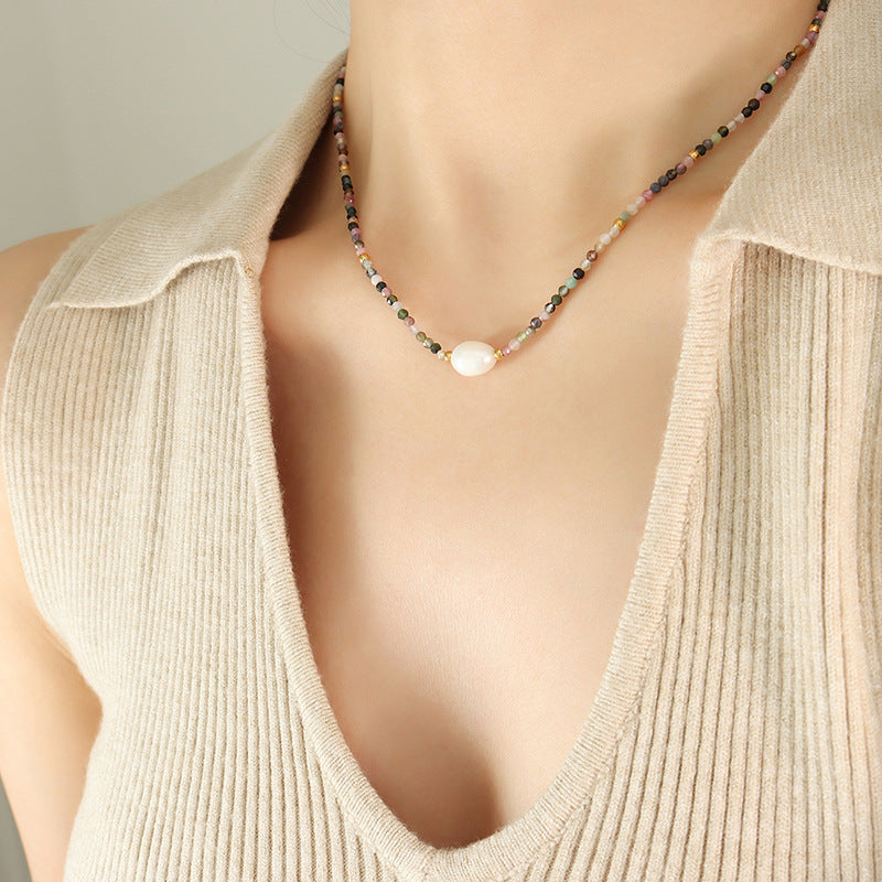 Fashion Geometric Natural Stone Titanium Steel Beaded Freshwater Pearl Necklace