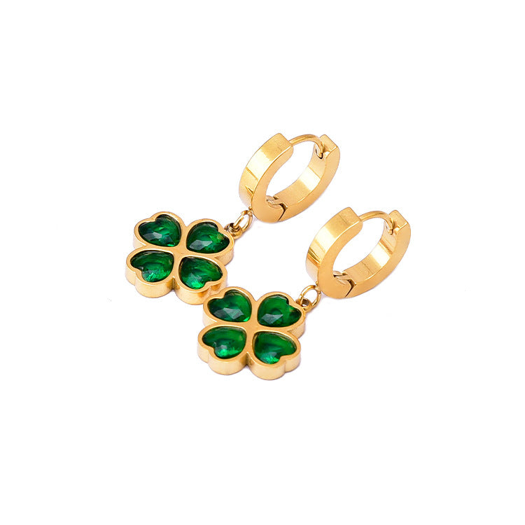 Fashion Four Leaf Clover Titanium Steel Inlay Zircon Bracelets Earrings Necklace
