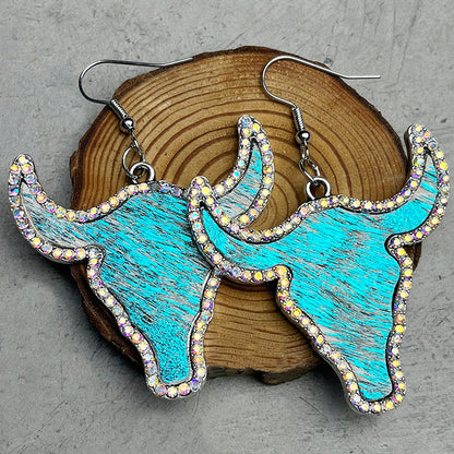 1 Pair Cowboy Style Bull Head Alloy Leather Inlay Rhinestones Women's Drop Earrings