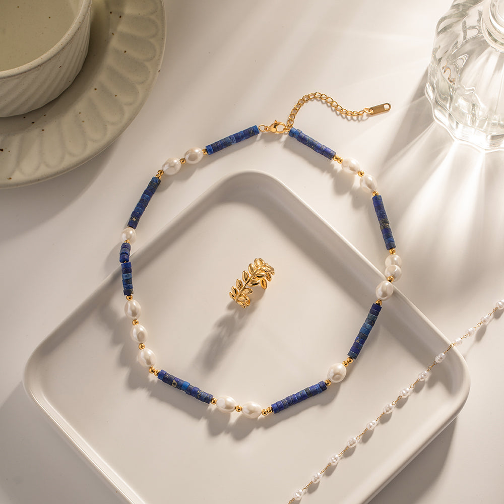 1 Piece Ins Style Round Stainless Steel Freshwater Pearl Lapis Lazuli Beaded Plating Necklace