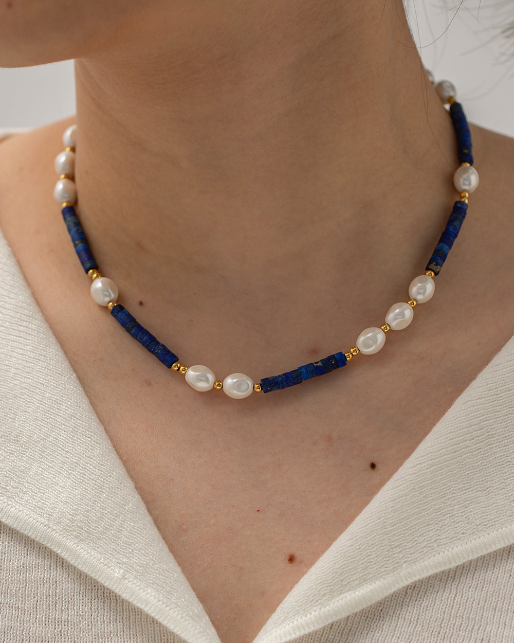 1 Piece Ins Style Round Stainless Steel Freshwater Pearl Lapis Lazuli Beaded Plating Necklace