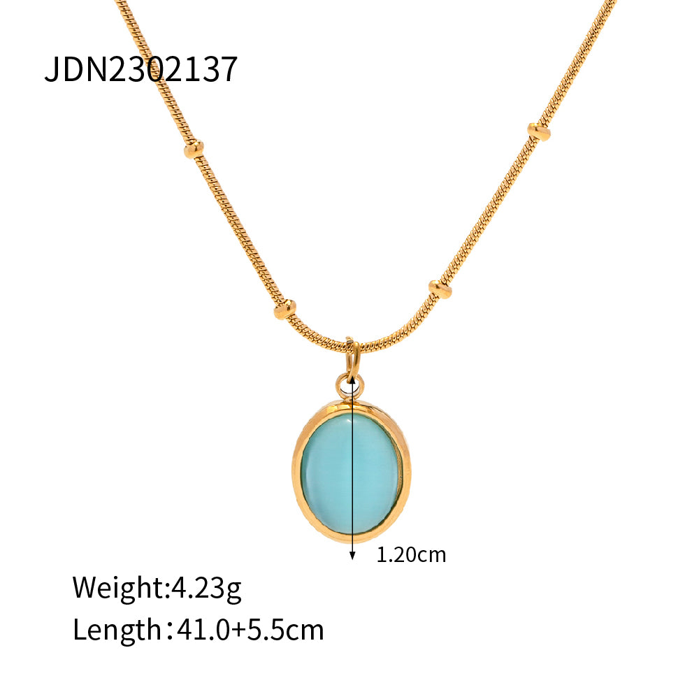 Elegant Round Stainless Steel Inlay Opal 18k Gold Plated Pendant Necklace