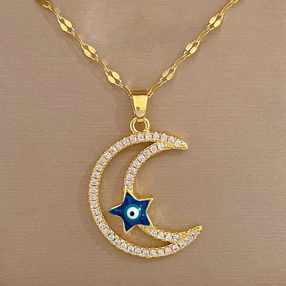 Fashion Moon Titanium Steel Copper Inlay Zircon Pendant Necklace