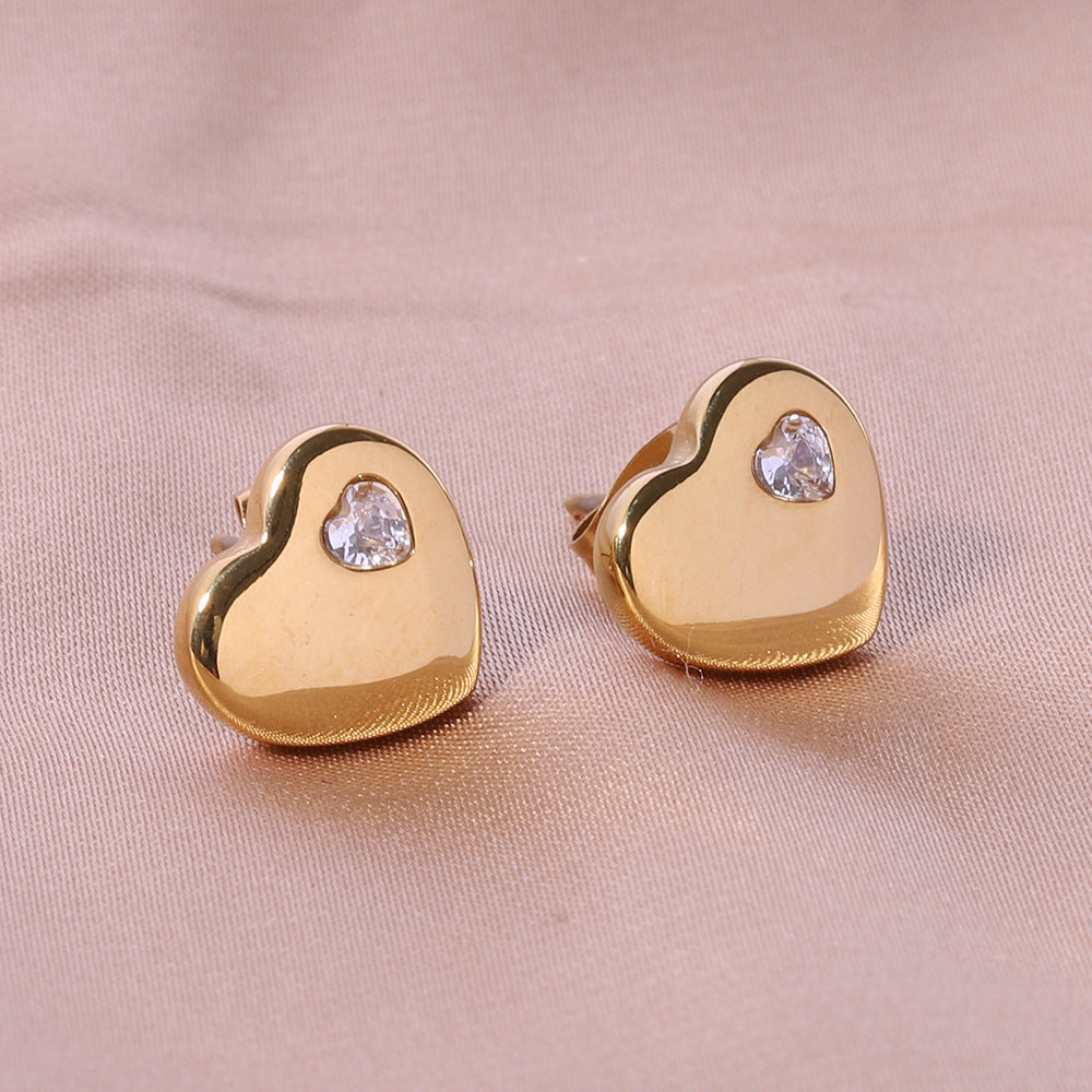 1 Pair Fashion Heart Shape Stainless Steel Plating Zircon Ear Studs