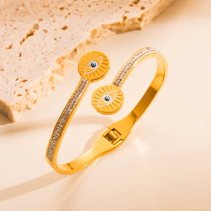 Elegant Streetwear Round Devil's Eye Heart Shape Stainless Steel Plating Hollow Out Inlay Zircon 18k Gold Plated Bangle