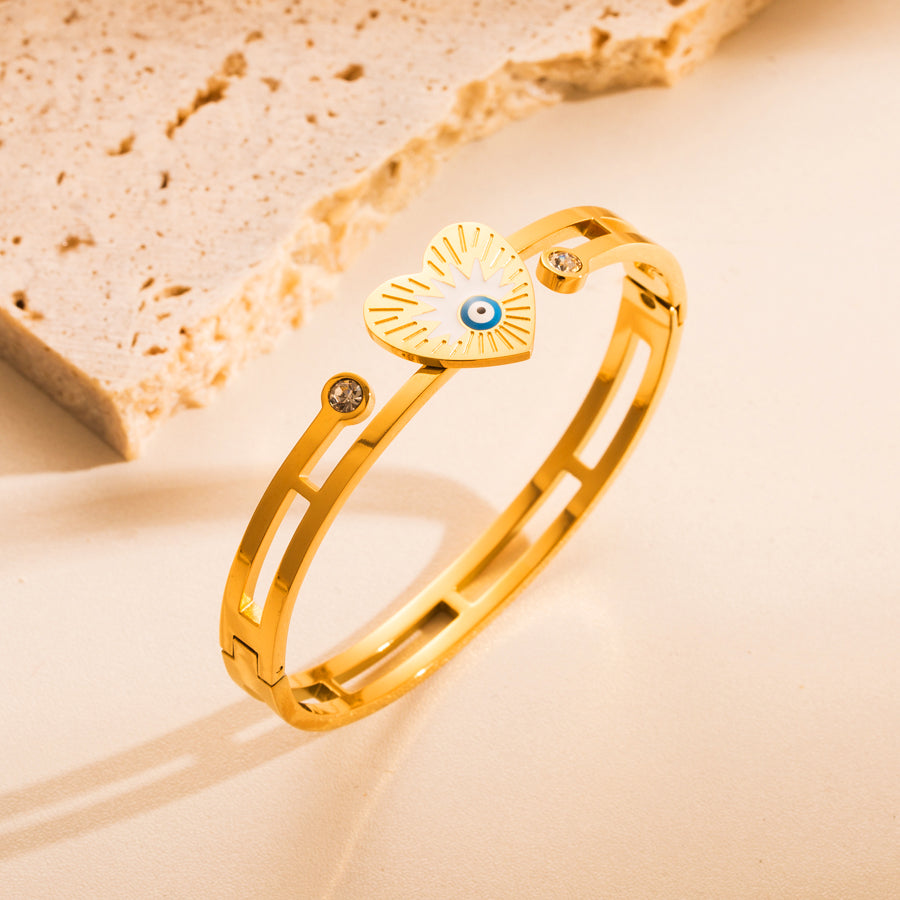 Elegant Streetwear Round Devil's Eye Heart Shape Stainless Steel Plating Hollow Out Inlay Zircon 18k Gold Plated Bangle