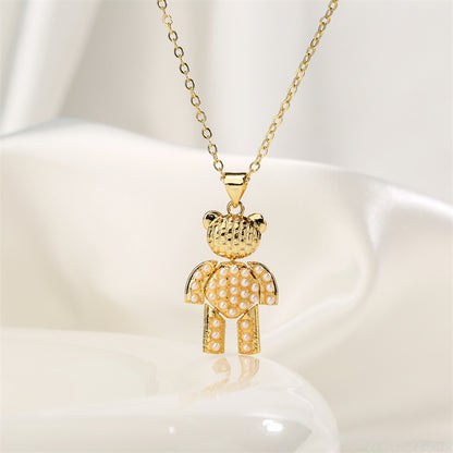 1 Piece Fashion Little Bear Cat Owl Copper Plating Inlay Artificial Pearls Zircon Pendant Necklace