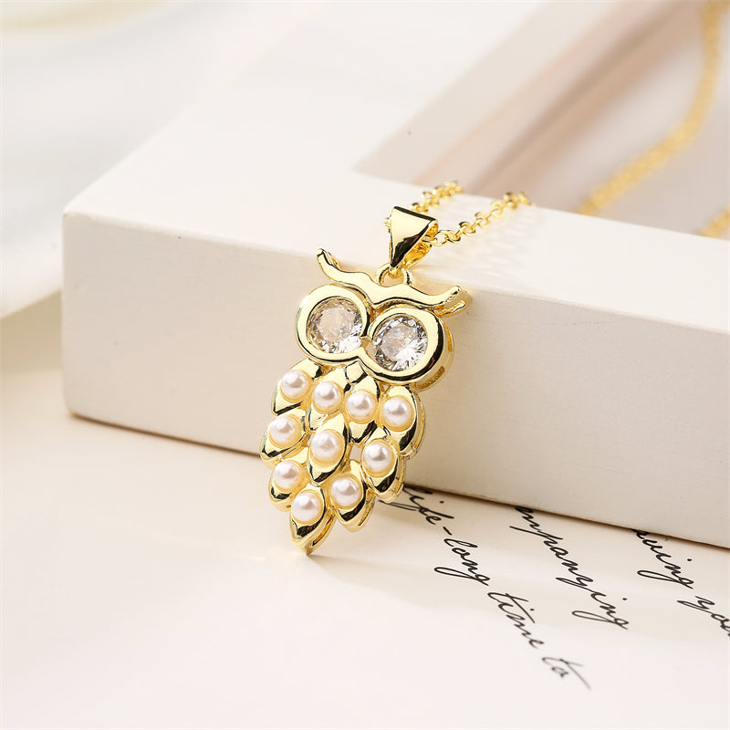 1 Piece Fashion Little Bear Cat Owl Copper Plating Inlay Artificial Pearls Zircon Pendant Necklace