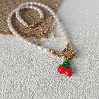 Sweet Cherry Freshwater Pearl Glass Copper Beaded Necklace