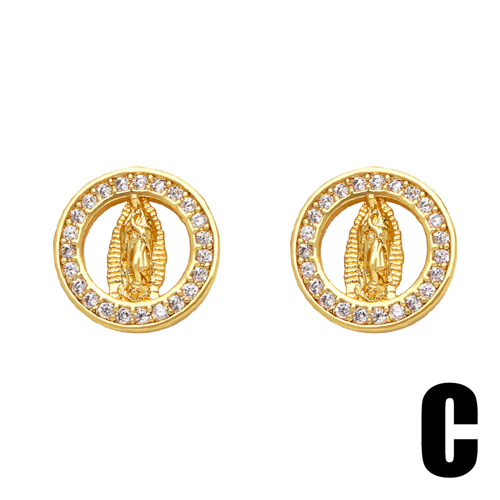 1 Pair Vintage Style Virgin Mary Oval Heart Shape Plating Inlay Copper Zircon 18k Gold Plated Ear Studs