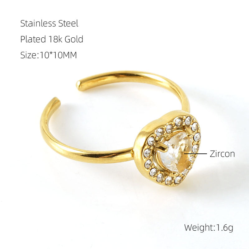 Shiny Square Water Droplets Heart Shape Stainless Steel Plating Inlay Zircon 18k Gold Plated Open Ring