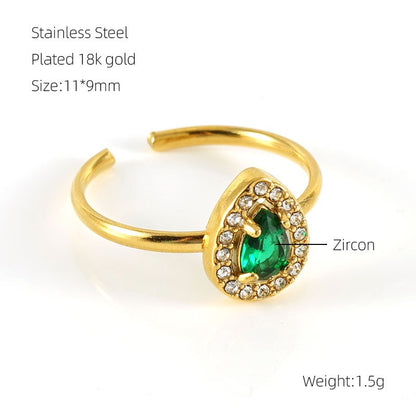 Shiny Square Water Droplets Heart Shape Stainless Steel Plating Inlay Zircon 18k Gold Plated Open Ring