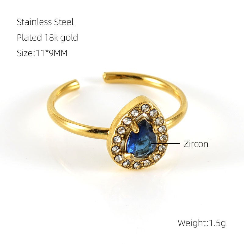 Shiny Square Water Droplets Heart Shape Stainless Steel Plating Inlay Zircon 18k Gold Plated Open Ring