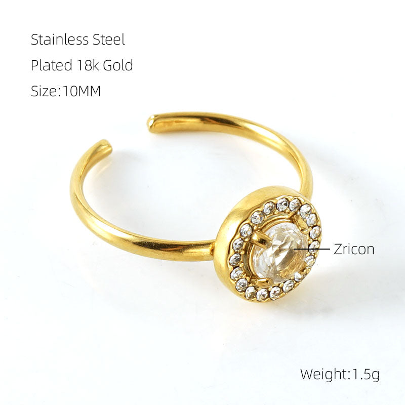 Shiny Square Water Droplets Heart Shape Stainless Steel Plating Inlay Zircon 18k Gold Plated Open Ring